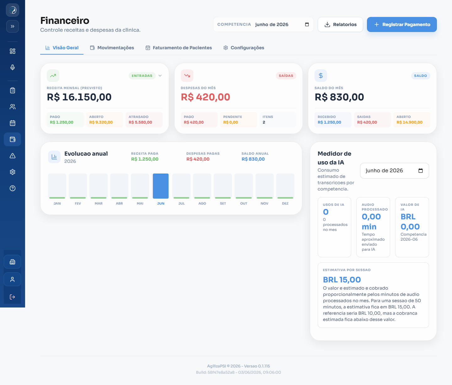 Tela real do módulo financeiro do AgilizaPSI.